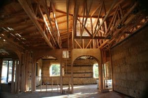 Interior of a straw bale house before plaster