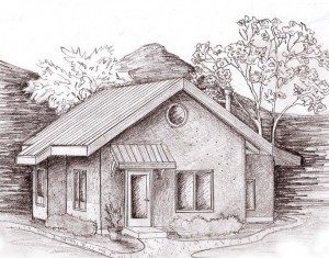 perspective drawing of the Applegate straw bale house