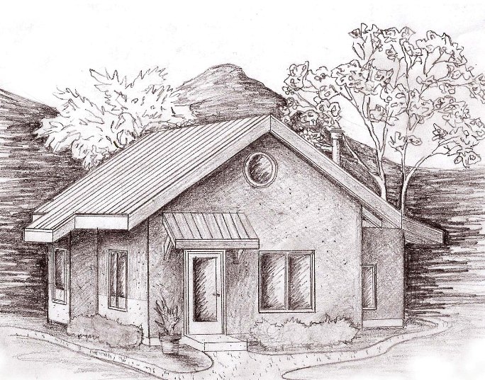 perspective drawing of the Applegate straw bale house